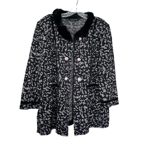 Ming Wang Black Jacquard Knit Fur Collar Velvet Trim Cardigan Jacket Size Large - Picture 1 of 9